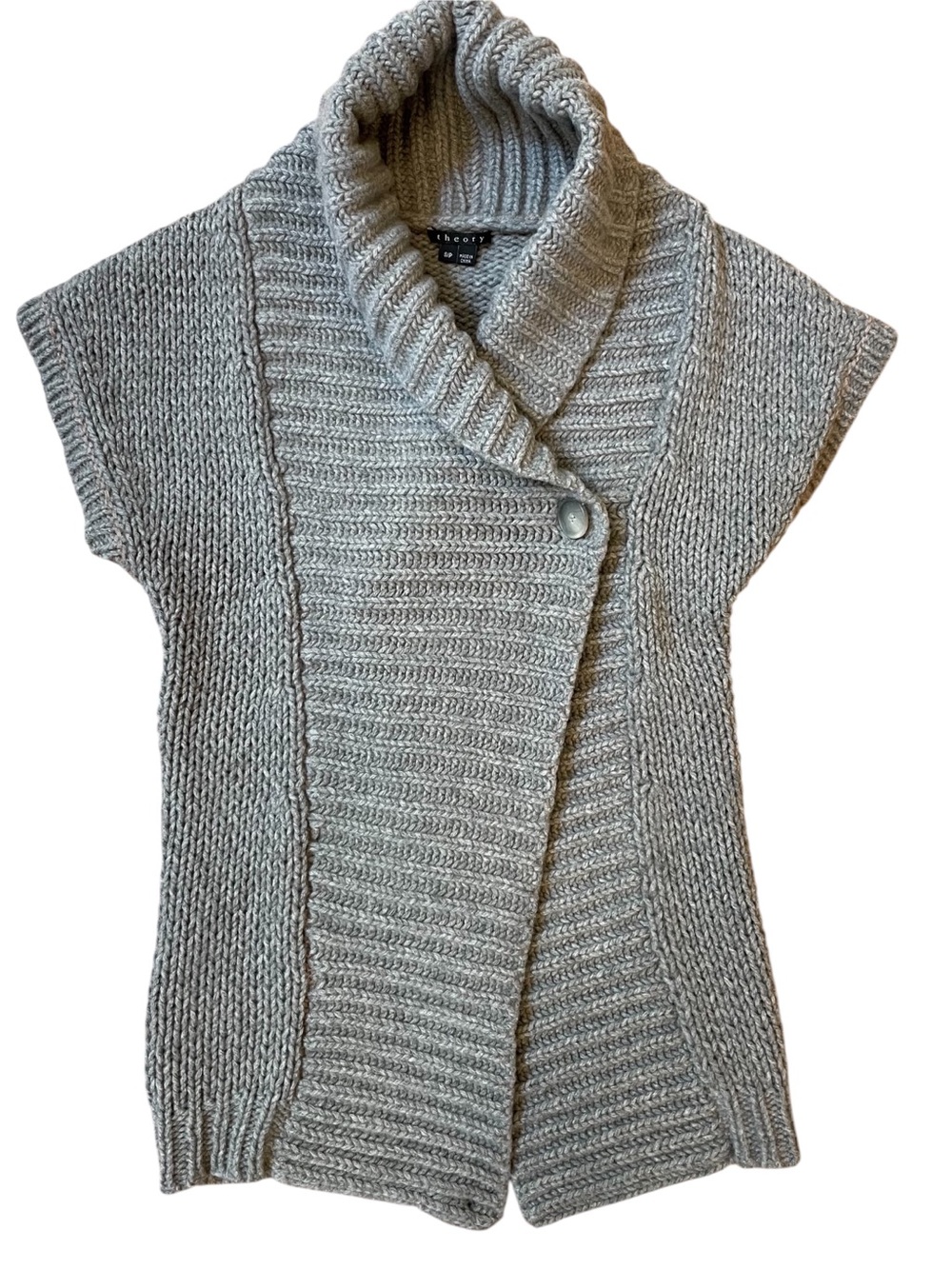 Theory Wool Cashmere Chunky Cardigan Vest Shawl Collar VTG Y2K Fisherman Gray S